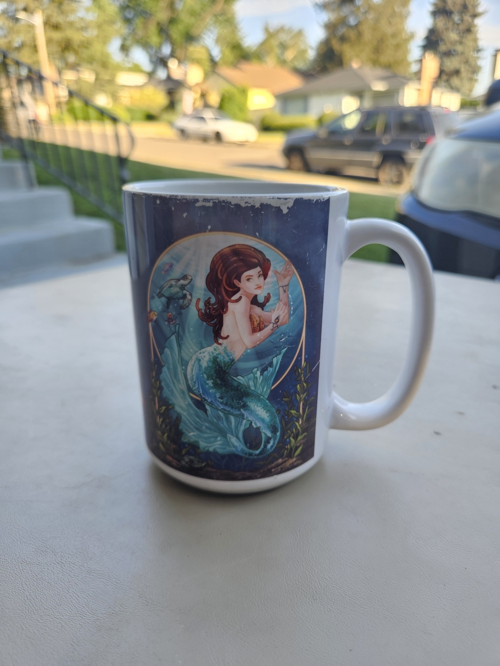 White Ceramic Mermaid Mug with Blue Illustration